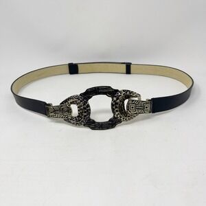 CHICOS Belt Womens M/L Adjustable Gold Tone Aztec Buckle Black Leather Statement